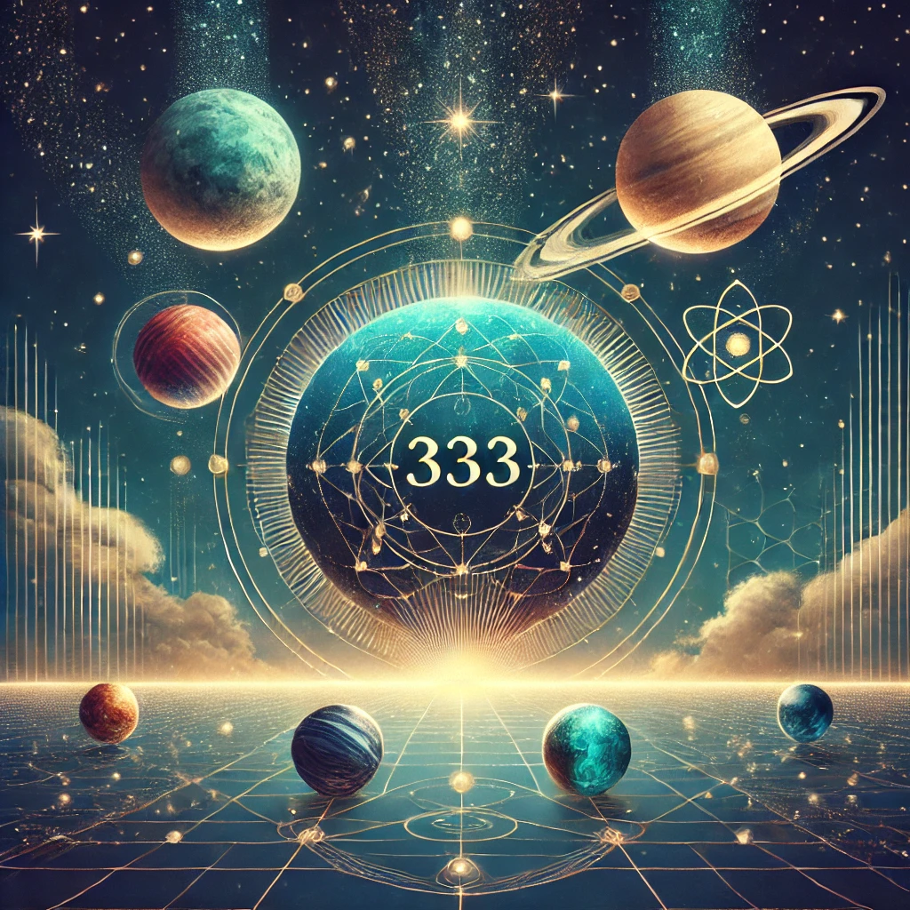 Mystical celestial illustration for 333 Numerology, featuring planets, stars, and sacred geometric shapes.